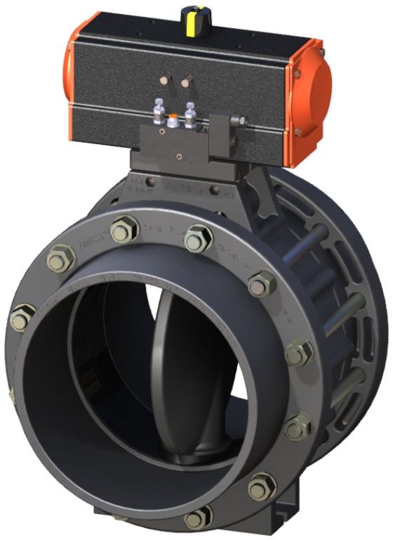 UPVC Pnömatik Aktüatörlü Nozbart Kelebek Vana 125 mm - Çift etkili - Kole+Flanş Komple - 220Volt