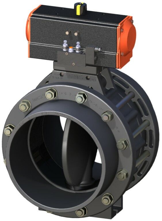 UPVC Pnömatik Aktüatörlü Nozbart Kelebek Vana 225 mm - Tek etkili - Kole+Flanş Komple - 220Volt